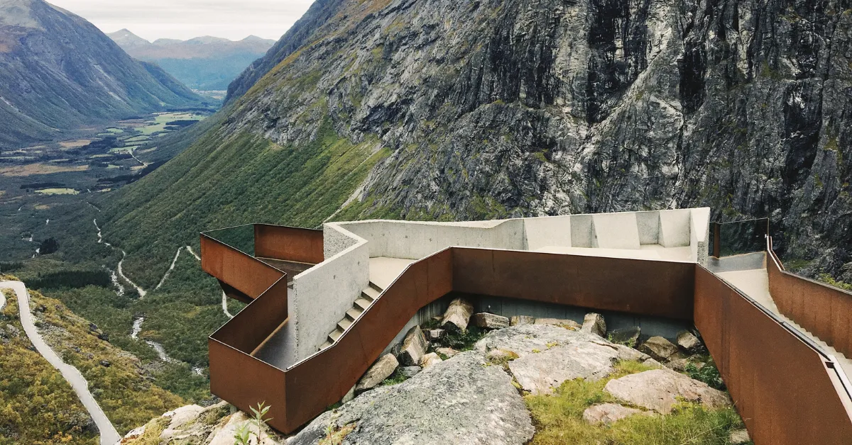 Norway's Trollstigen mountain valley route between Romsdalen and Langvatnet build with corten steel edging and concrete
