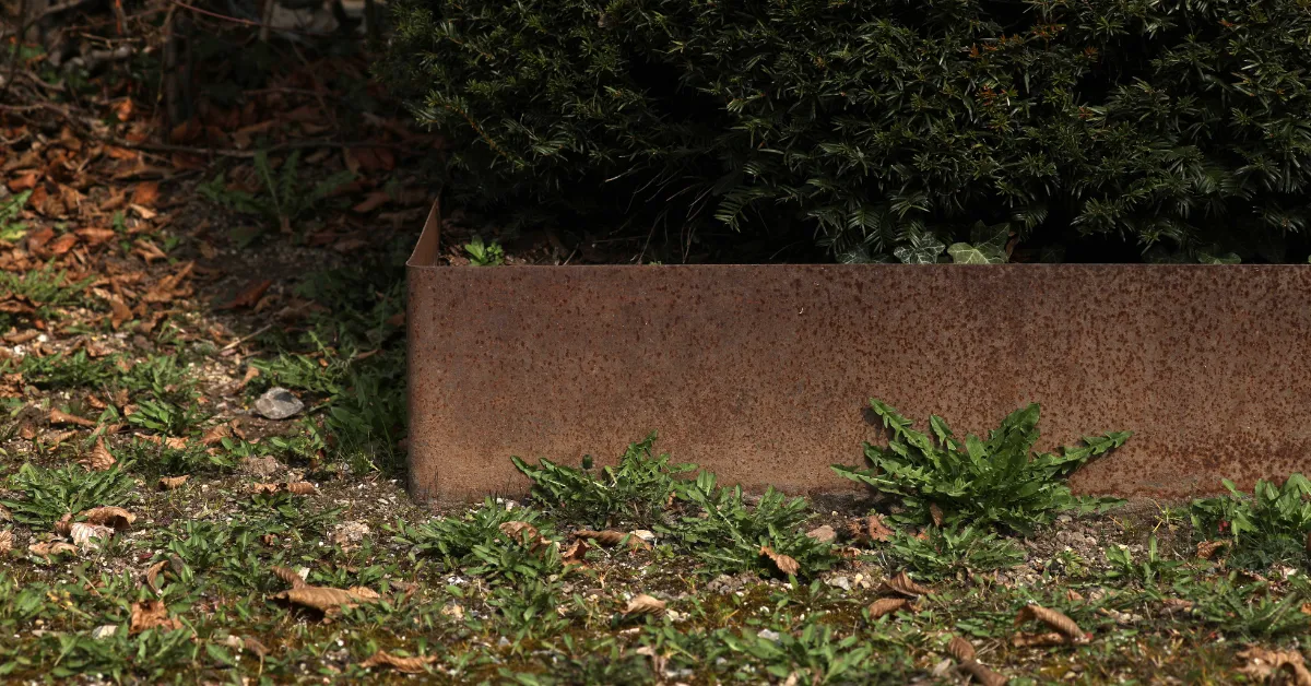 Garden landscaping that uses corten steel edging to define and protect planting areas and flower beds