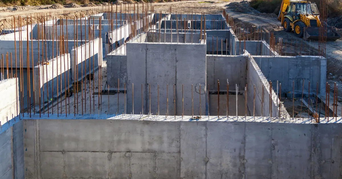 A construction site with high strength structural steel rebar rods reinforcing concrete building foundations.