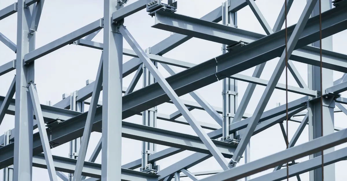 A high strength structural steel modular grid with load-bearing beams to reinforce a building's structure.